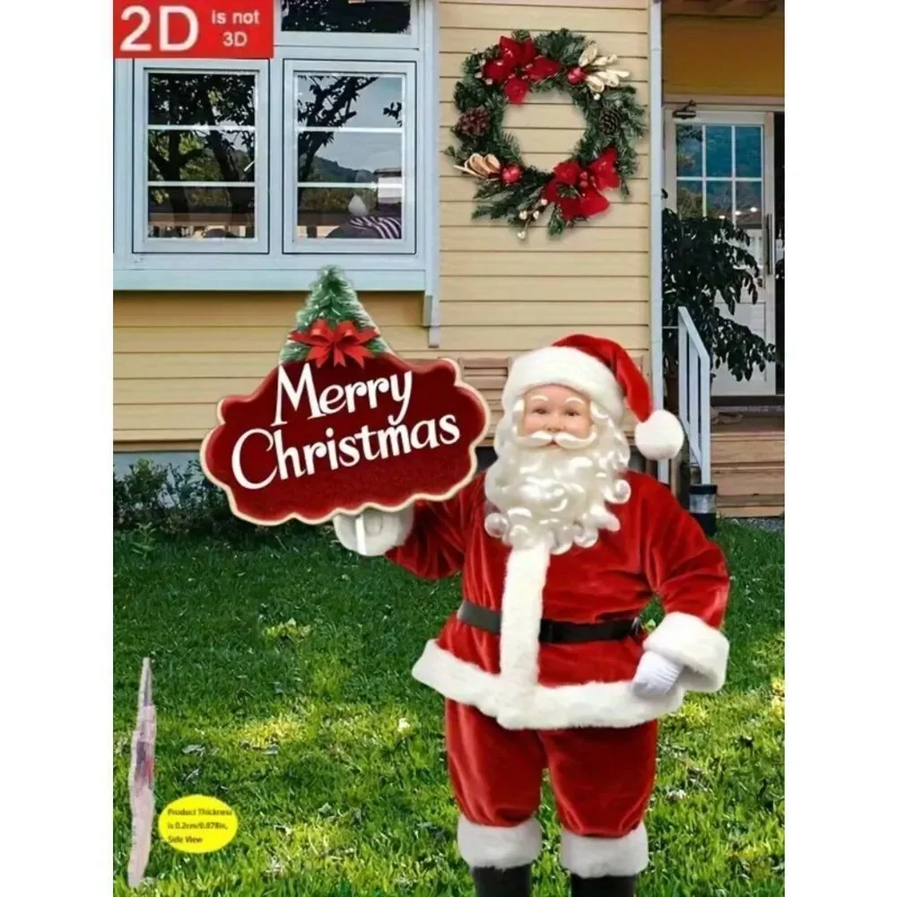 2D Festive Holiday Santa Claus with Merry Christmas Sign Garden Outdoor Stake